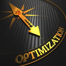 Optimization - Business Concept. Golden Compass Needle on a Black Field Pointing to the Word Optimization. 3D Render.